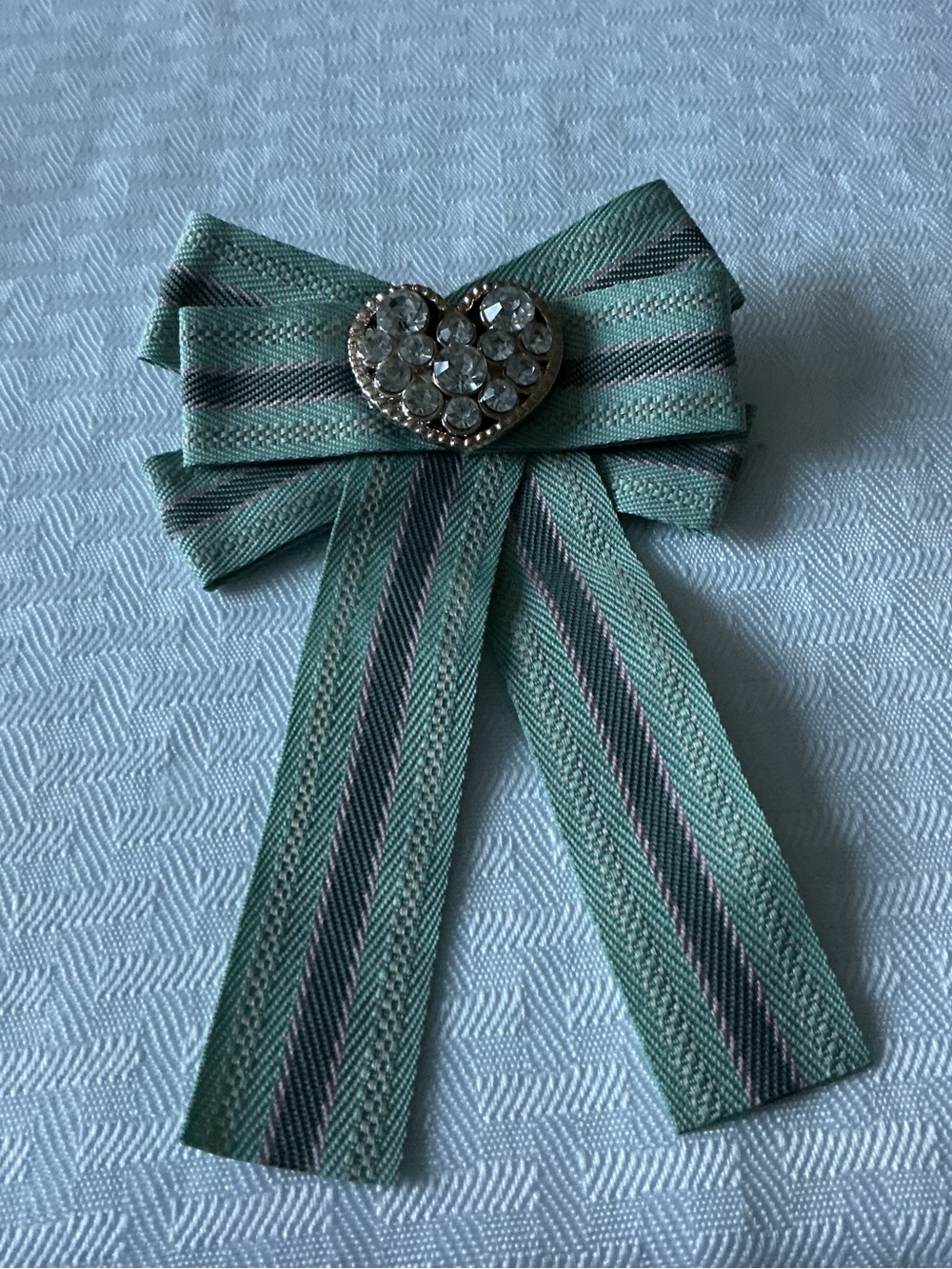 Mint Striped Ribbon Bow Brooch Pin with Rhinestone Heart Gold Tone